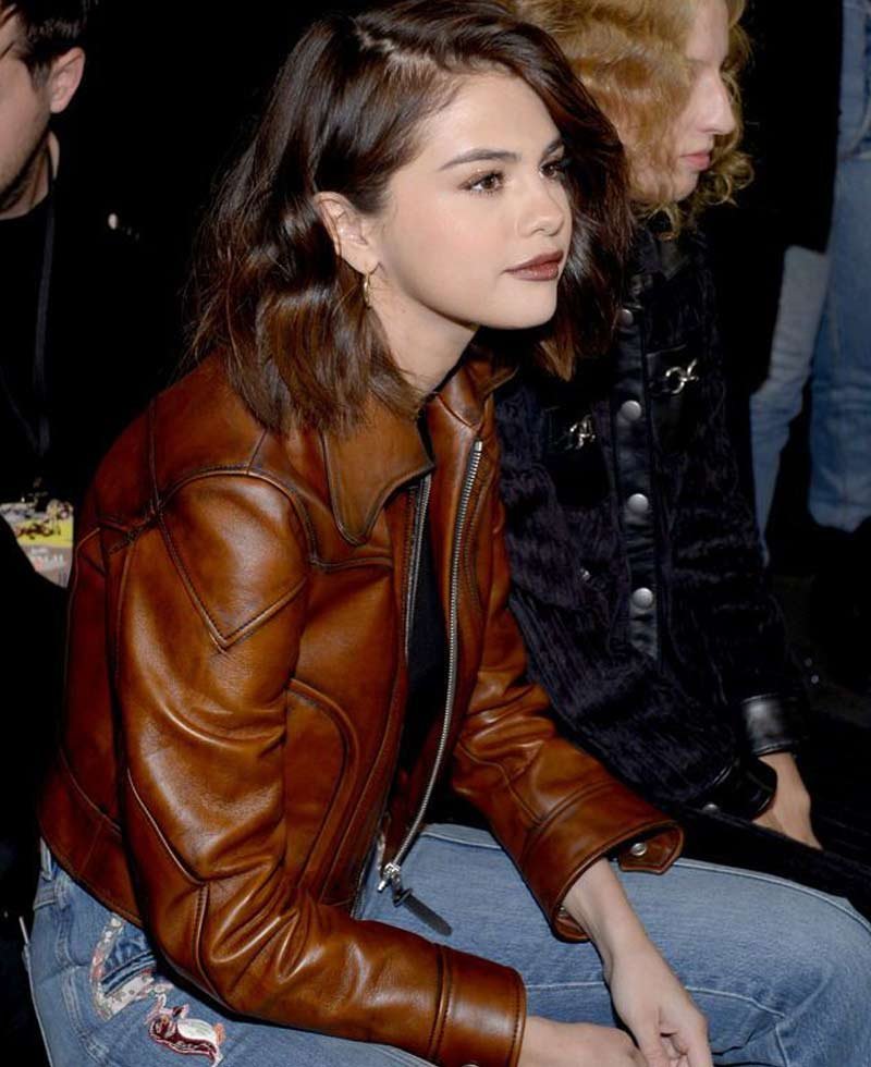 Street Wear Selena Gomez Brown Leather Jacket